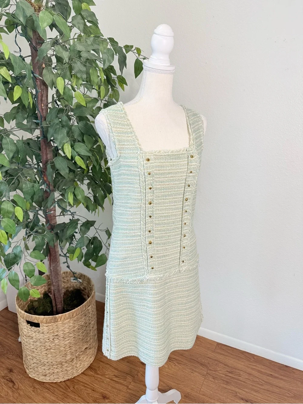 Zara Tweed Mini Dress Size Medium Mint Green White Gold - Picture 3 of 11